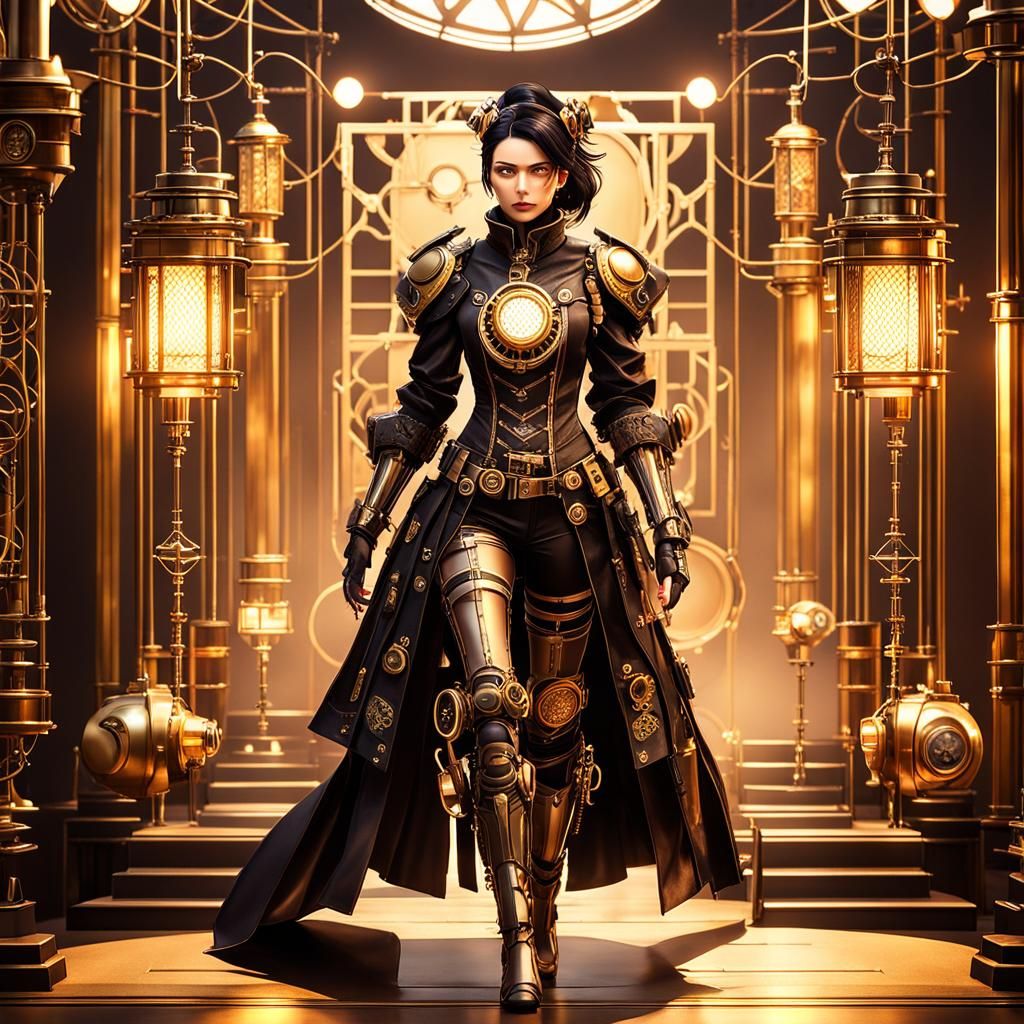 Dark-Haired Cyborg Woman in Neo-Victorian Outfit