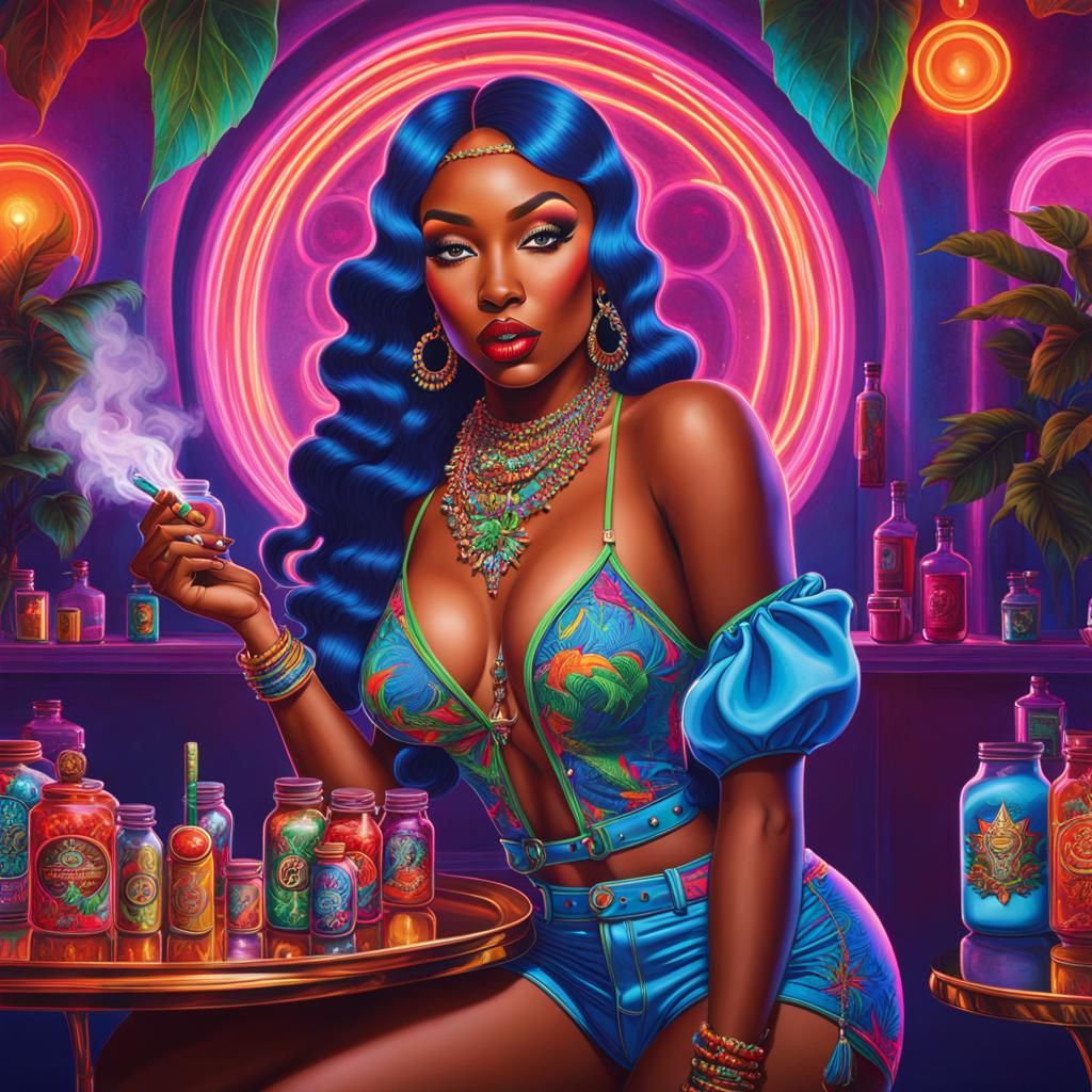Psychedelic Pot Bar Scene with Smoking Woman