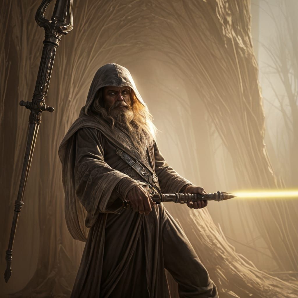 A Wookie Jedi, wielding a lightsaber staff.