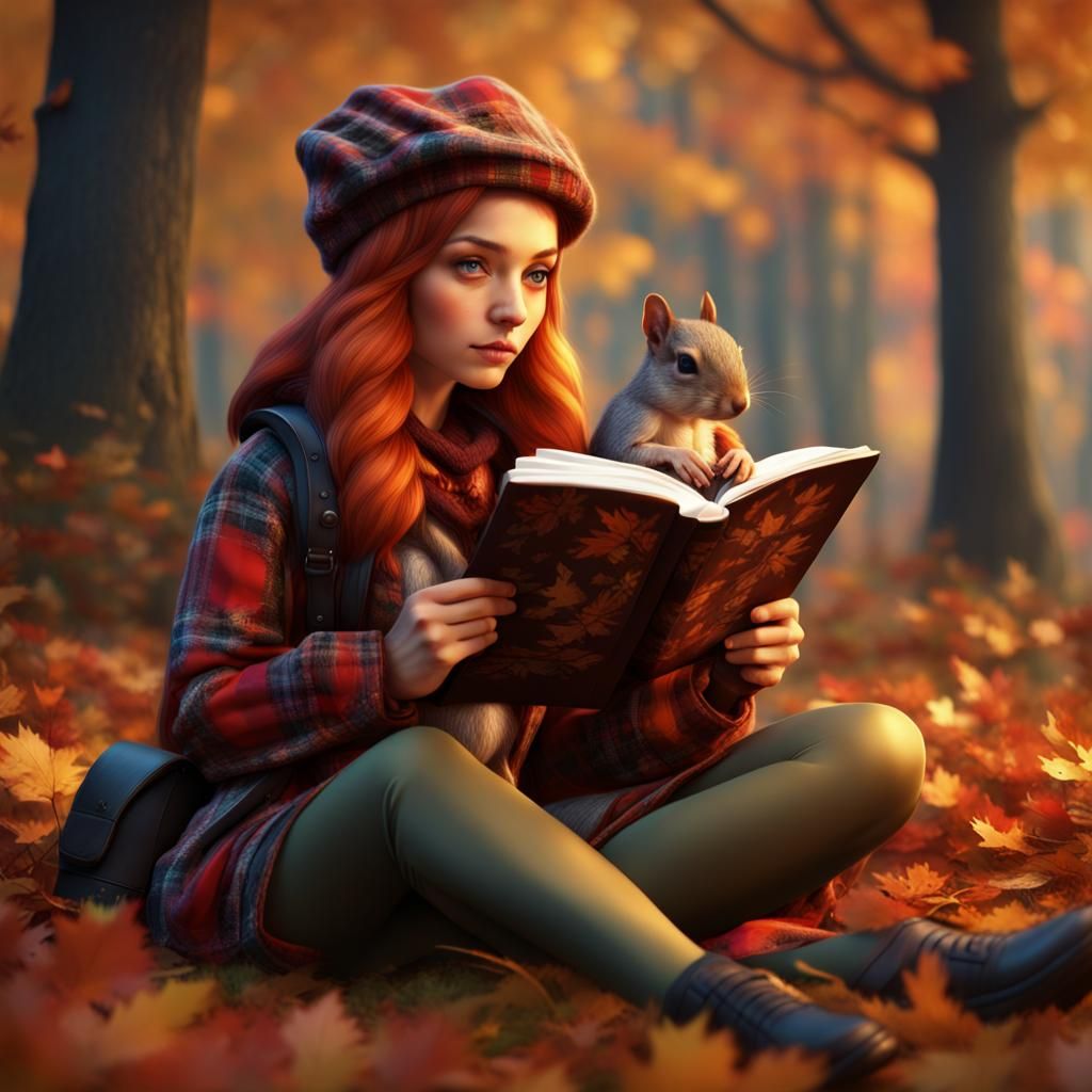 Cozy Autumn Scene: Girl and Squirrel Reading