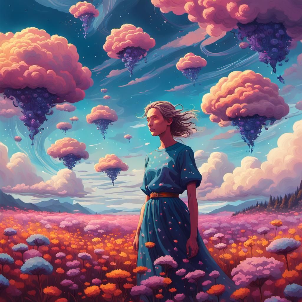 Dreamlike Fantasy Landscape with Floating Woman