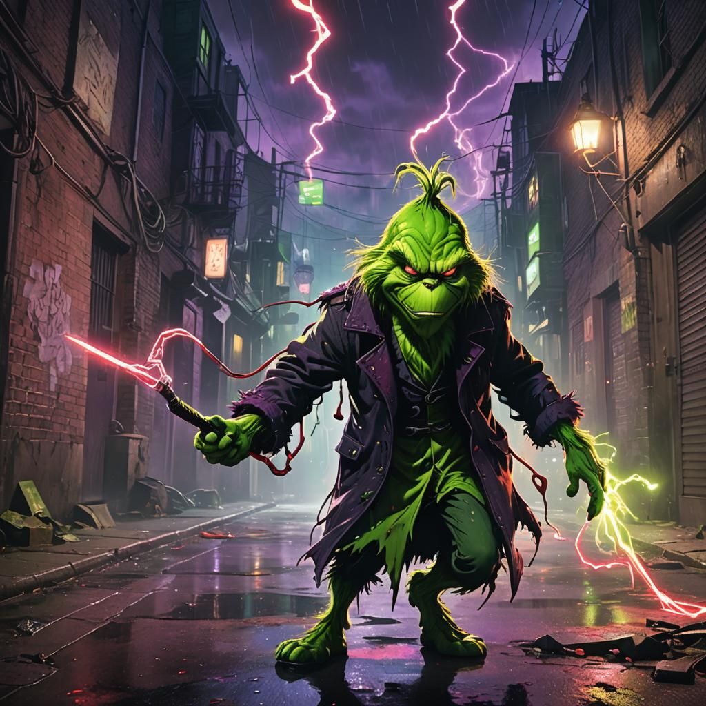 Cyberpunk Grinch Attacks Child with Laser Swords