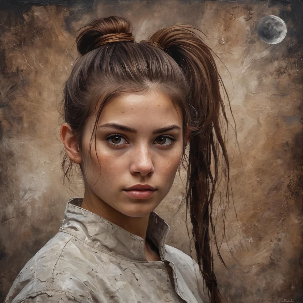 Impasto Portrait of Woman with Moonscape Background