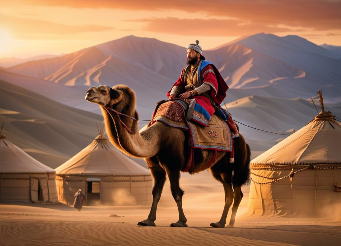 Marco Polo in the Gobi desert's sunset