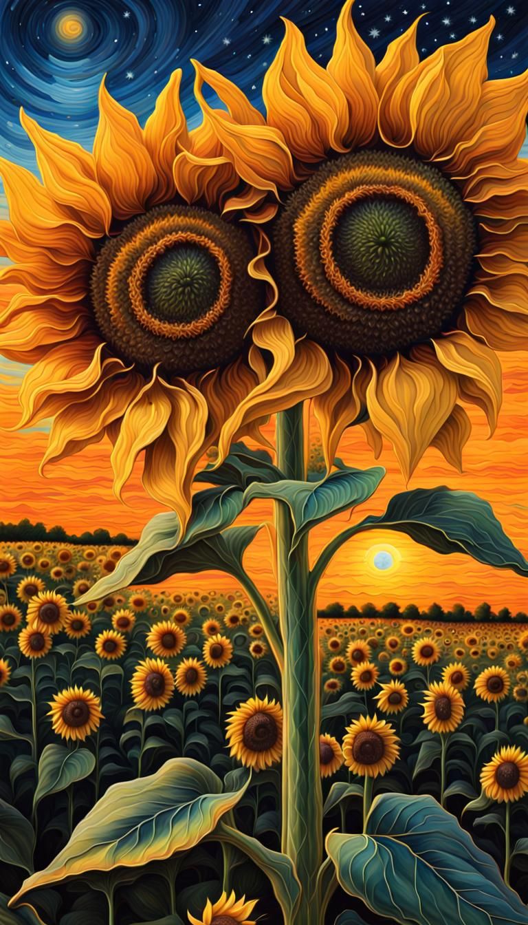 Surreal 4D Sunflower Field at Sunset
