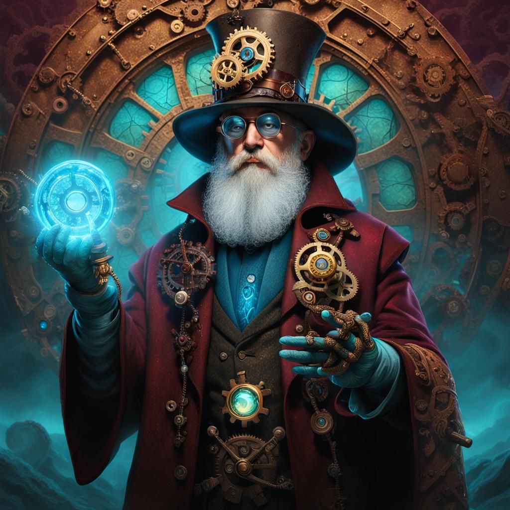 Steampunk Wizard with Glowing Gemstone Staff