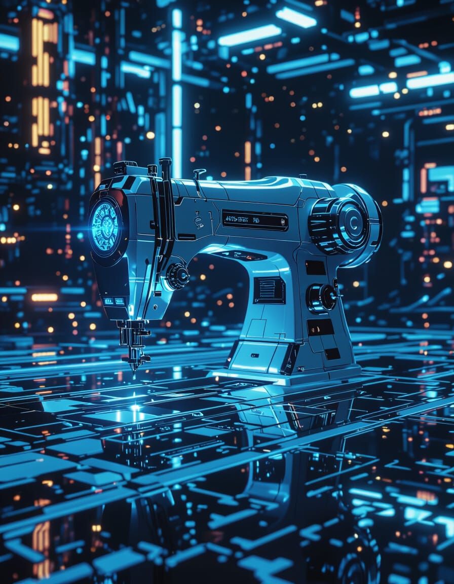 Giant Sewing Machine Spaceship Ascends Over Alien Landscape