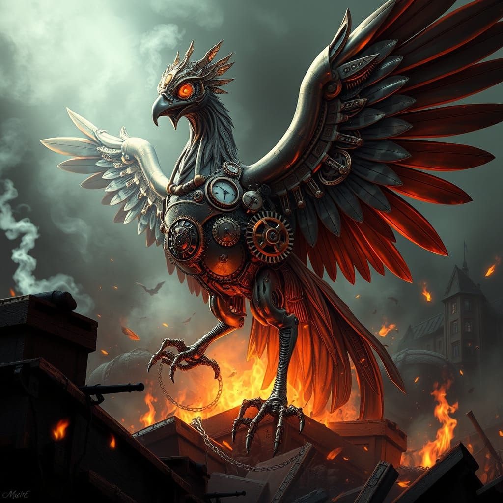 Steampunk Phoenix Rising from Ashes