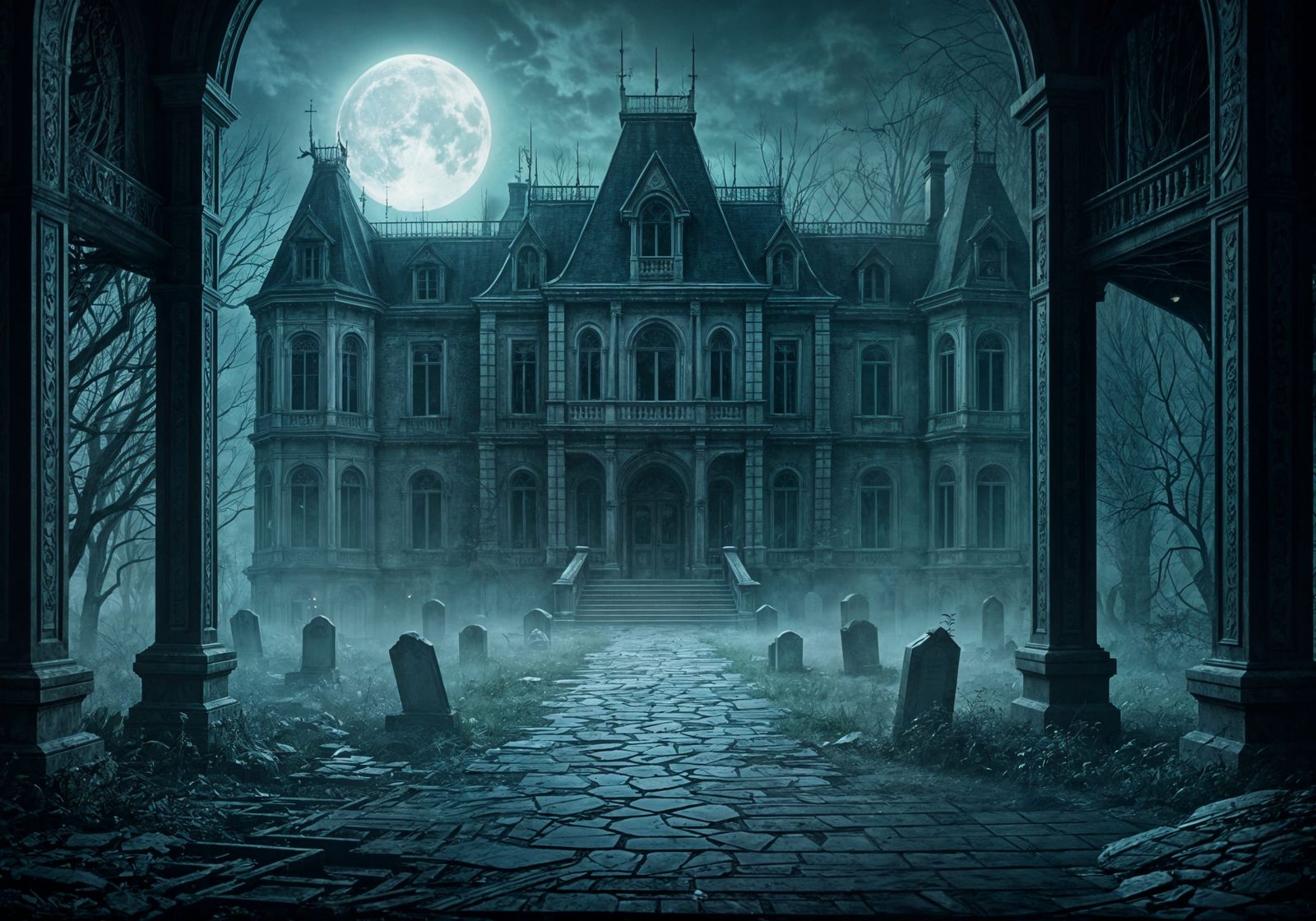 Eerie Haunted Mansion with Shadowy Figures