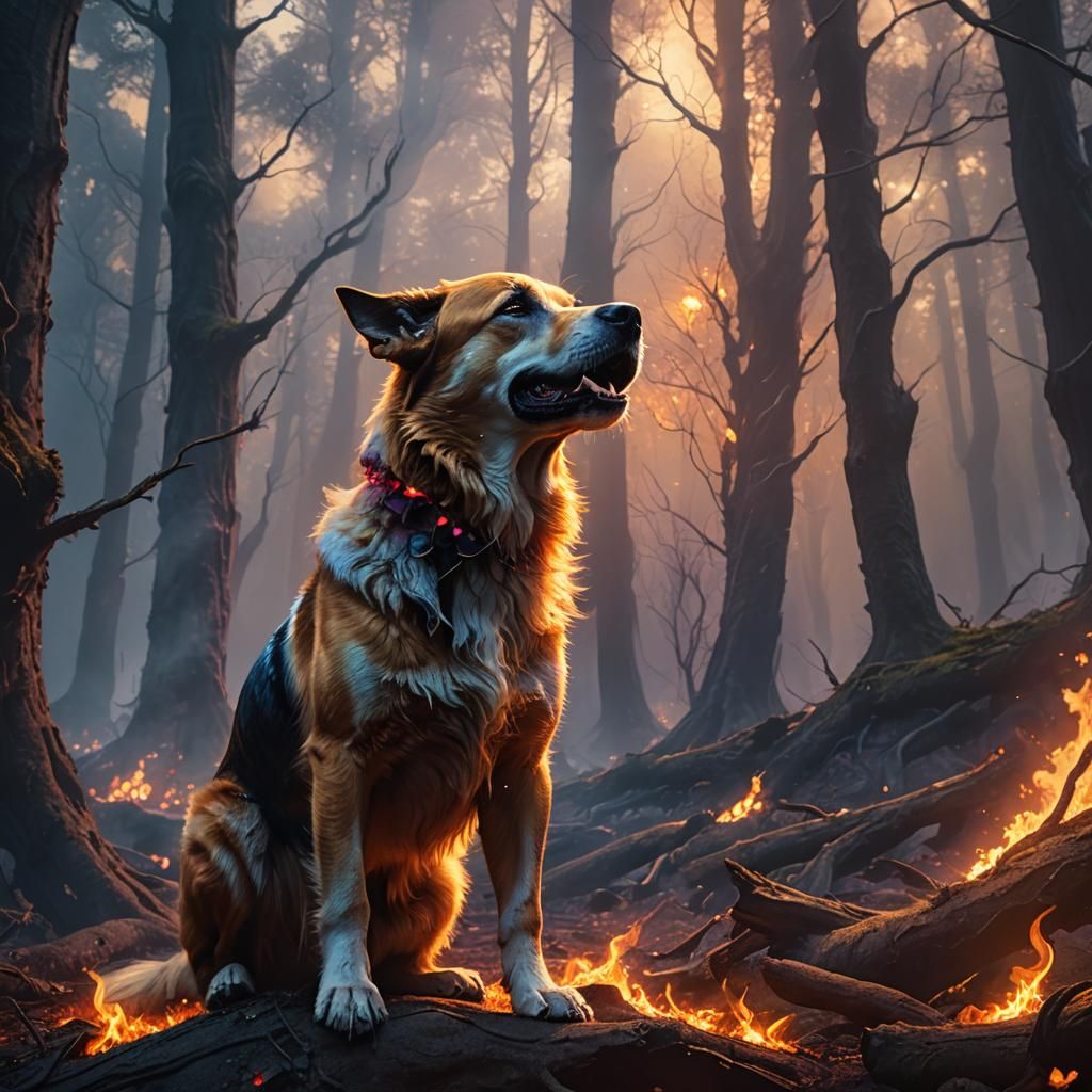 Majestic Fire-Breathing Dog in Mystical Forest