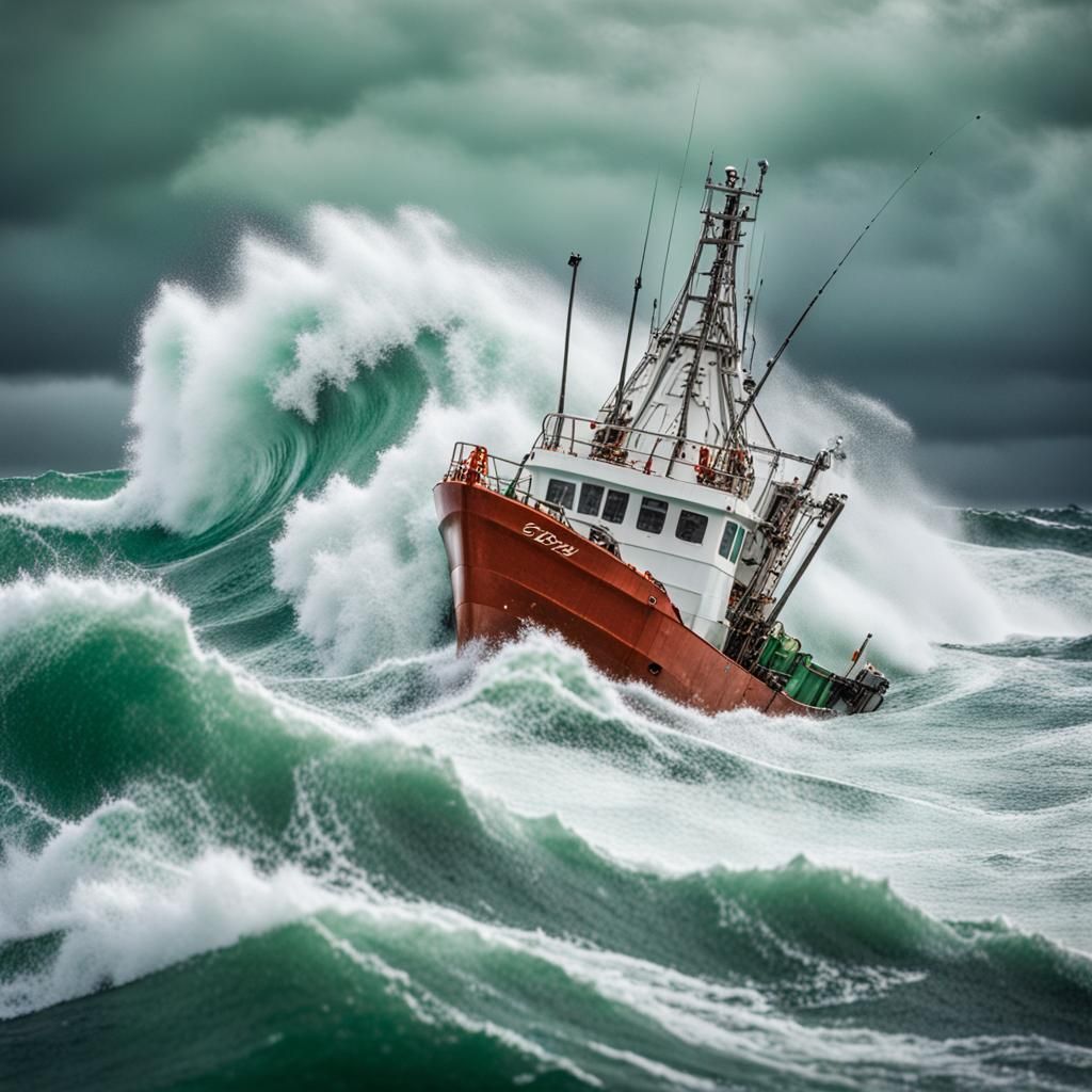 crab fishing boat, stormy waters