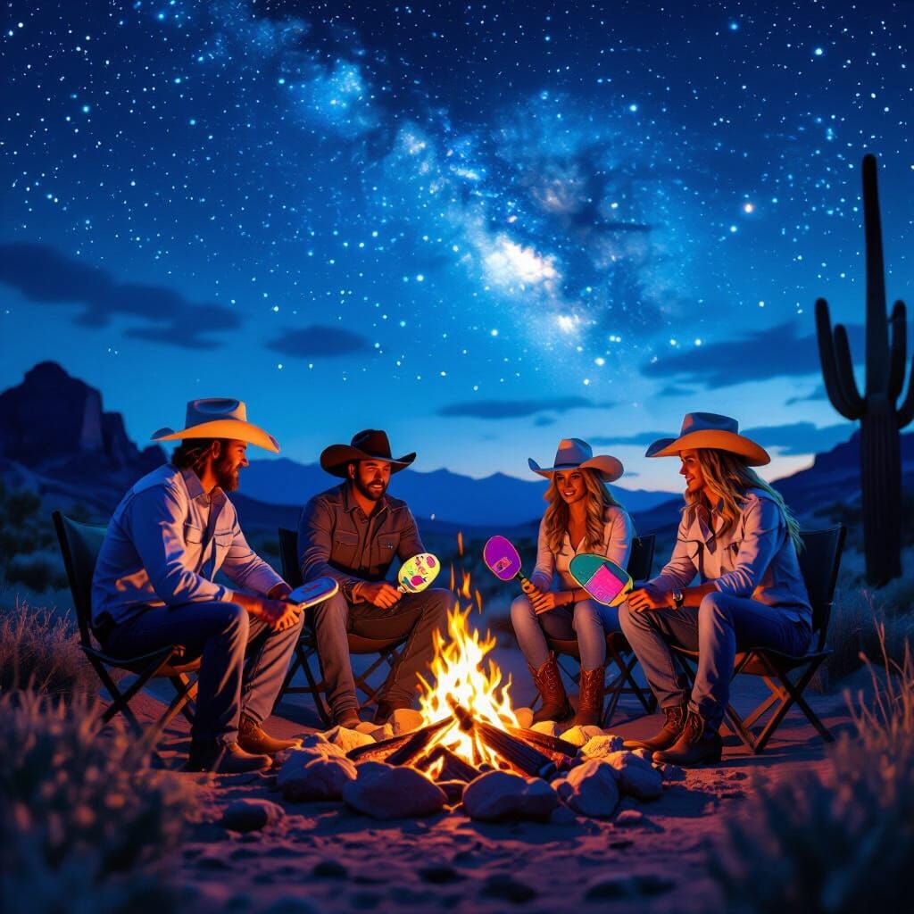 Cowboys and Cowgirls Play Pickleball by Campfire