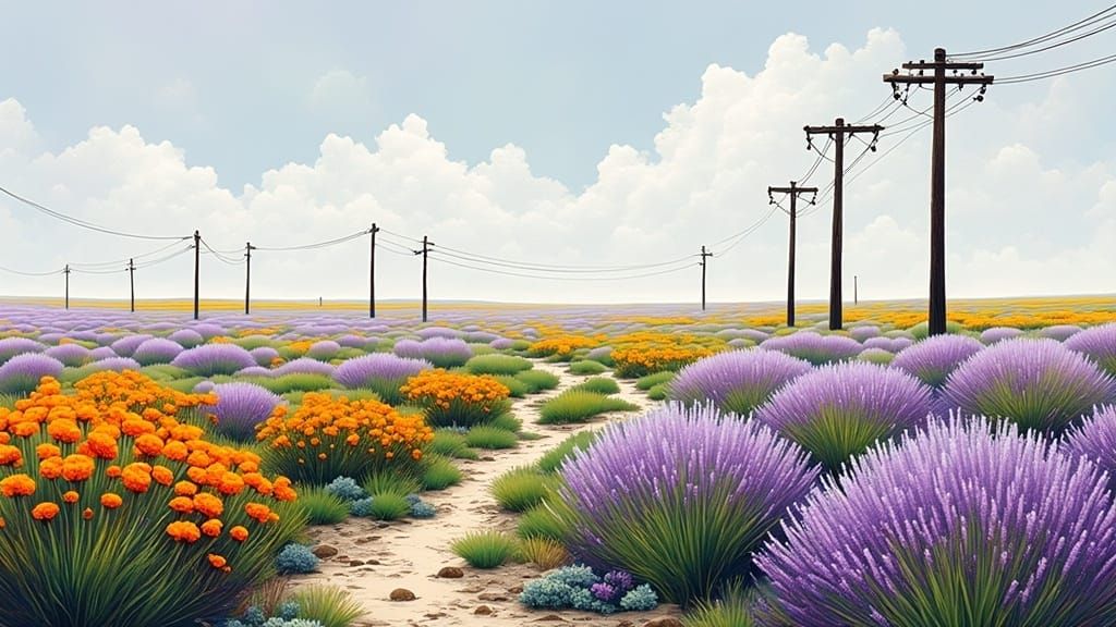 Lavender Field with Power Lines as Impasto Painting