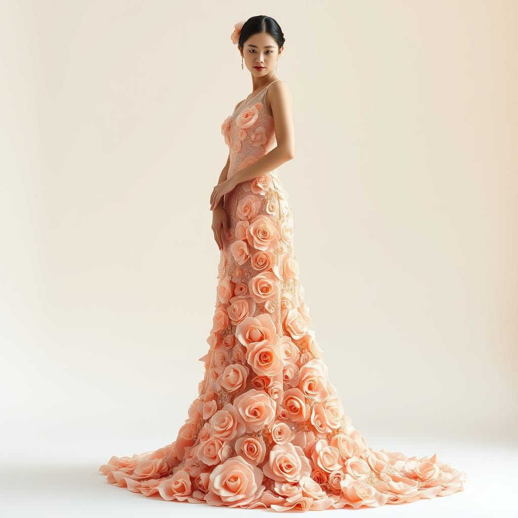 Ethereal Asian Goddess in Rose-Petal Embroidered Gown