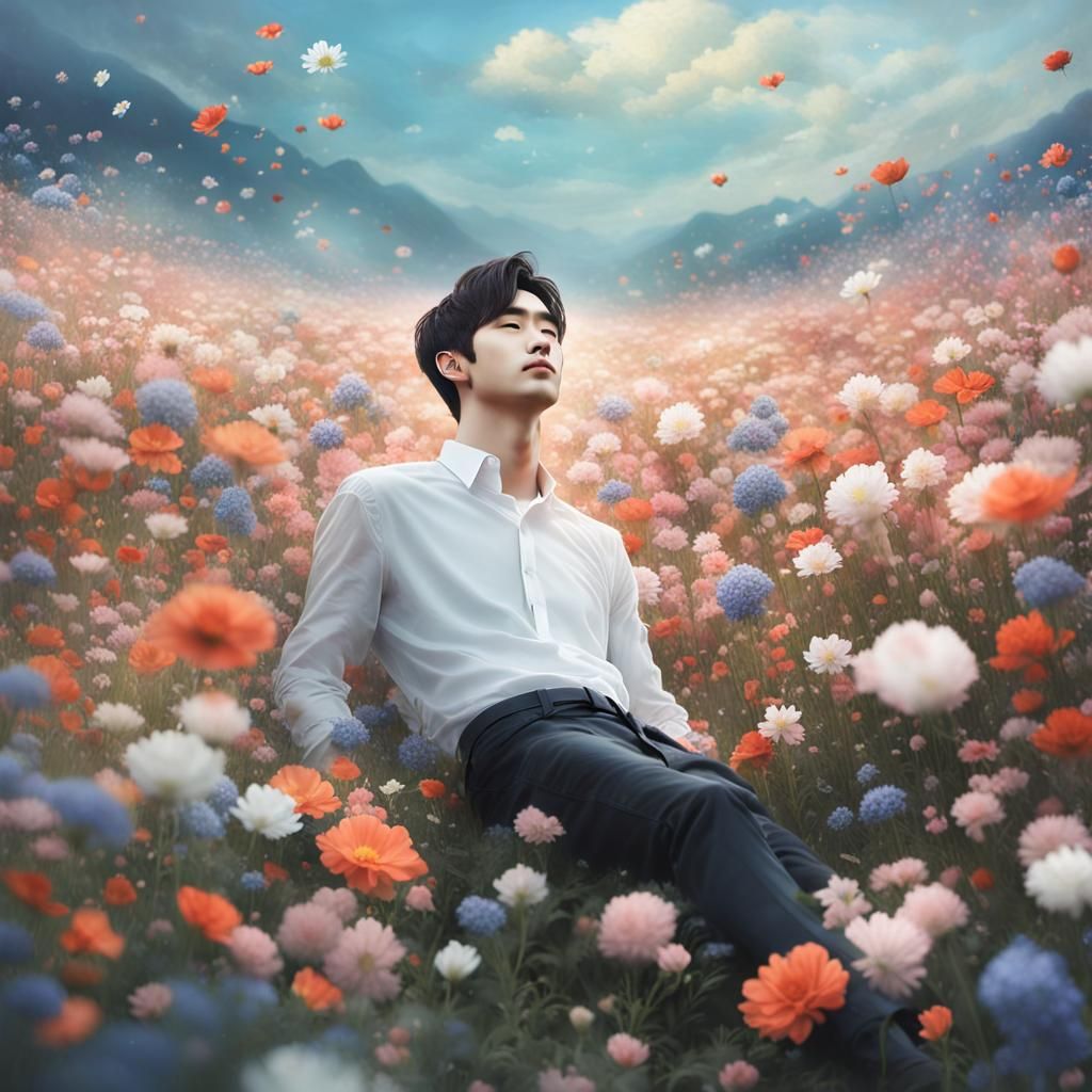 Young Man in Flower Field: Digital Art Masterpiece