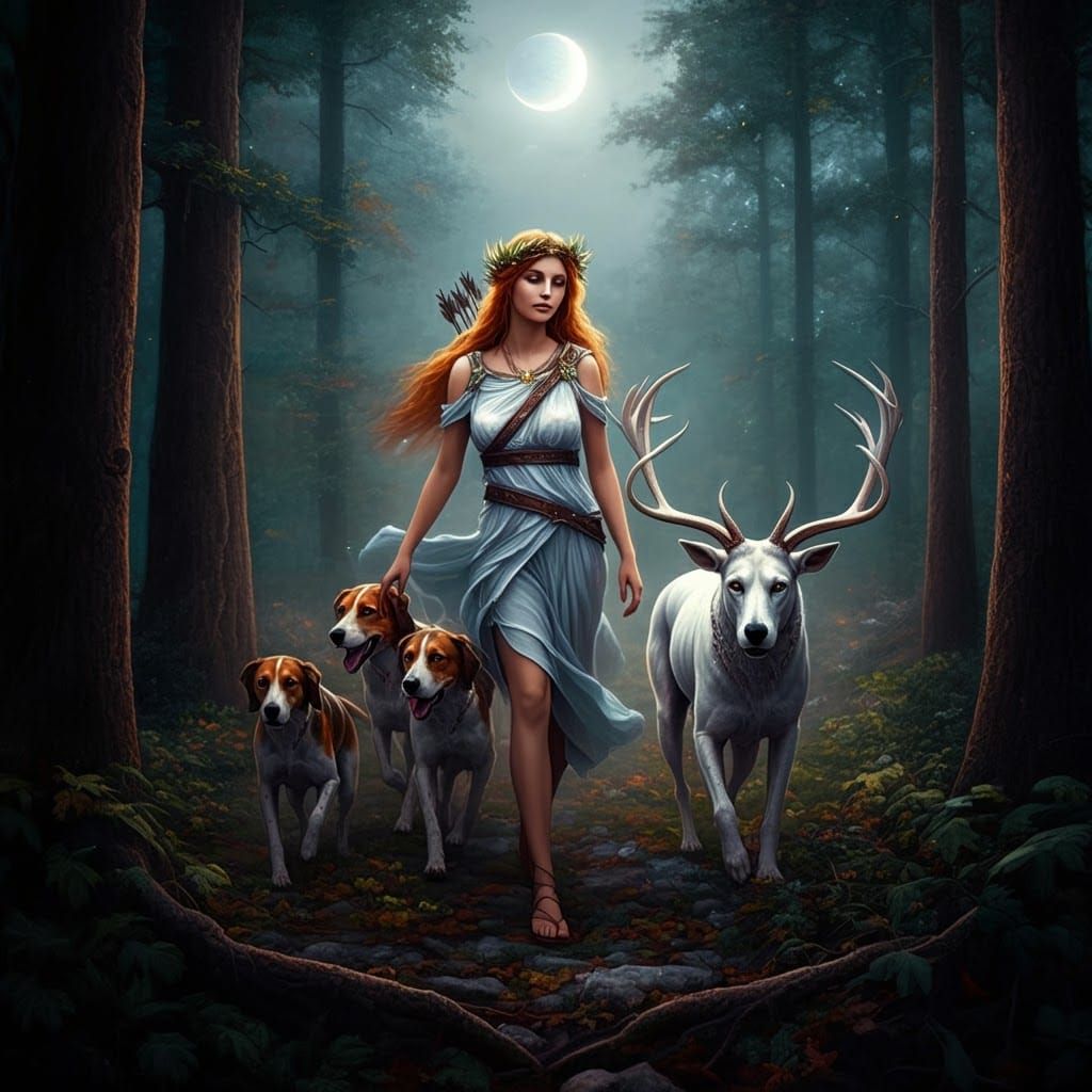 Artemis, Goddess of the Hunt, in Ethereal Forest