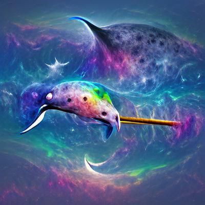 Celestial Narwhal Swimming in Colorful Sea