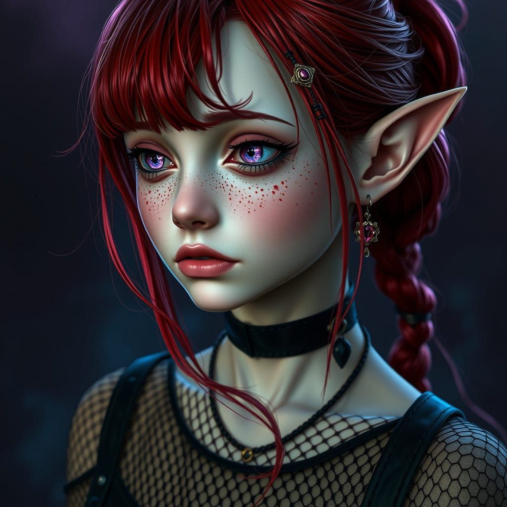 Gothic Elf Maiden in Latex and Fishnet, Purple Eyes, Red Hai...
