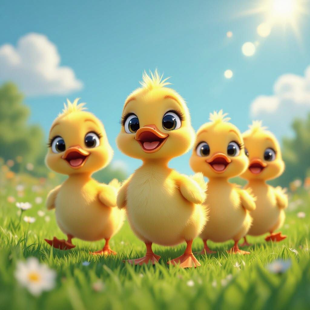 Dancing Baby Ducks in Vibrant 3D Cartoon Style