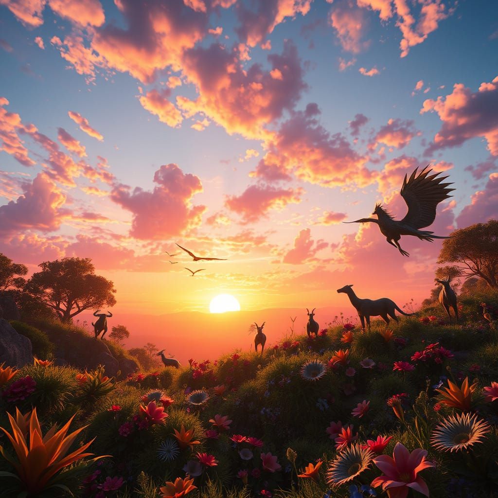 Dreamlike Sunset Landscape with Majestic Creatures