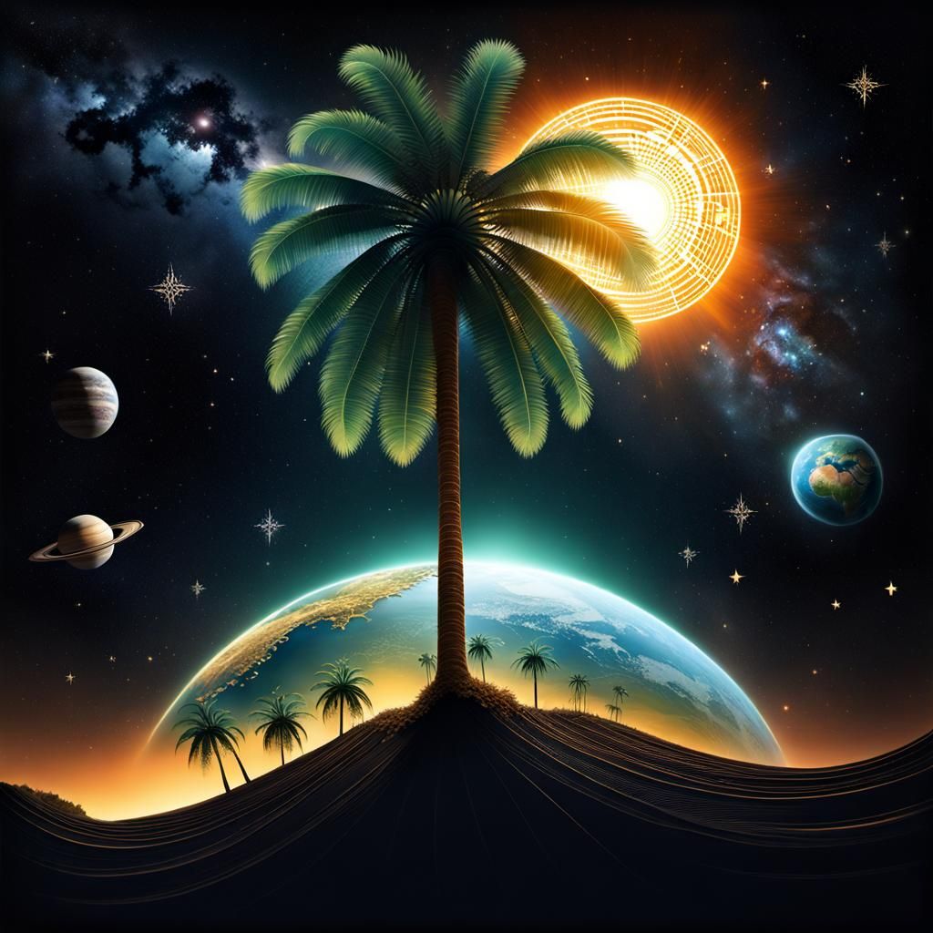 Surreal Palm Tree Planet in Dark Space