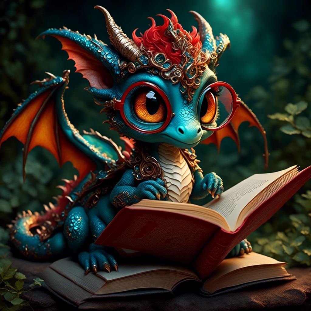 Dragon with Glasses Reads About Merlin