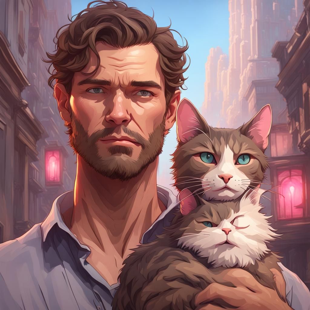 Man with Cat Portrait in Hyperdetailed Style