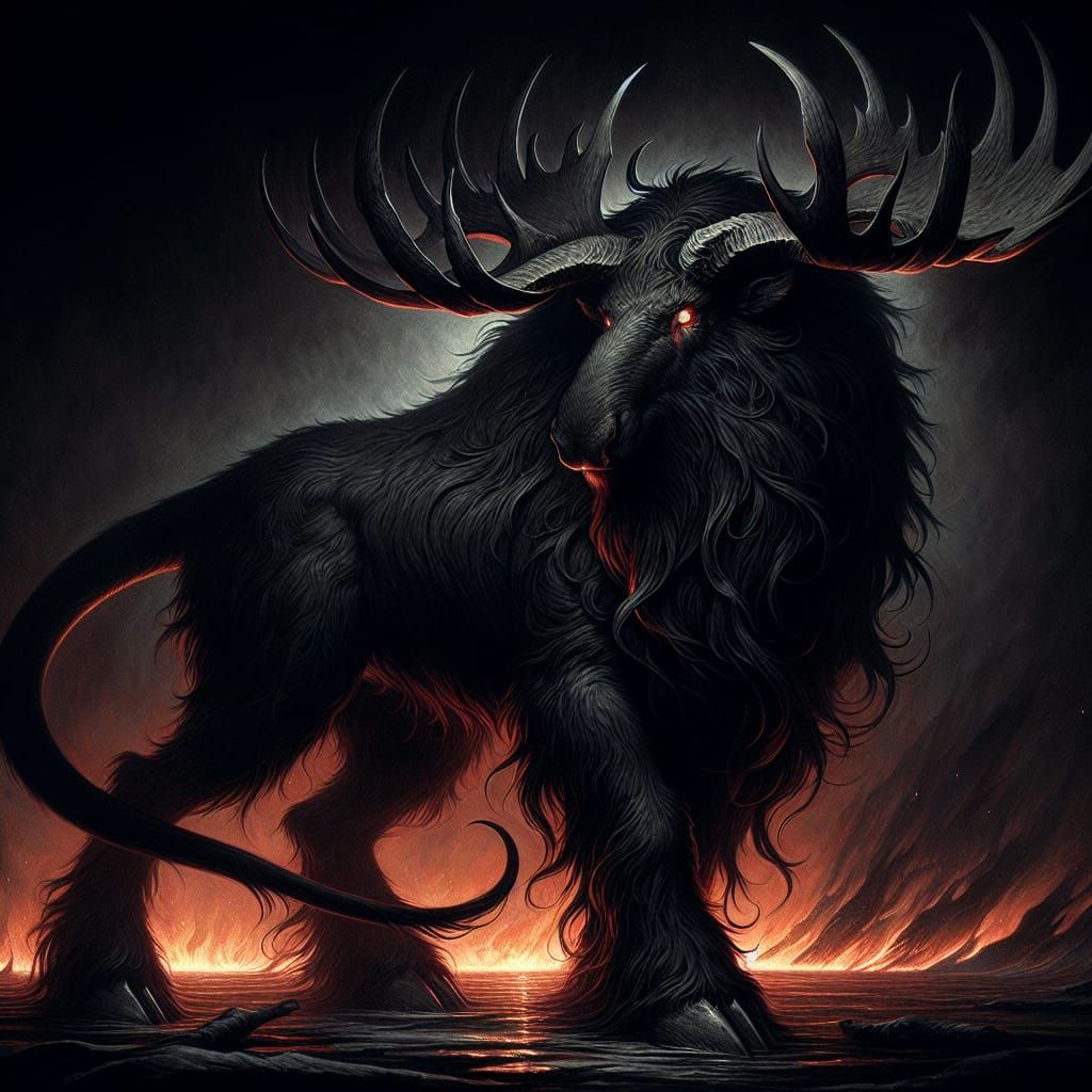 Shadowy Moose-Buffalo Hybrid Before a Roaring Blaze