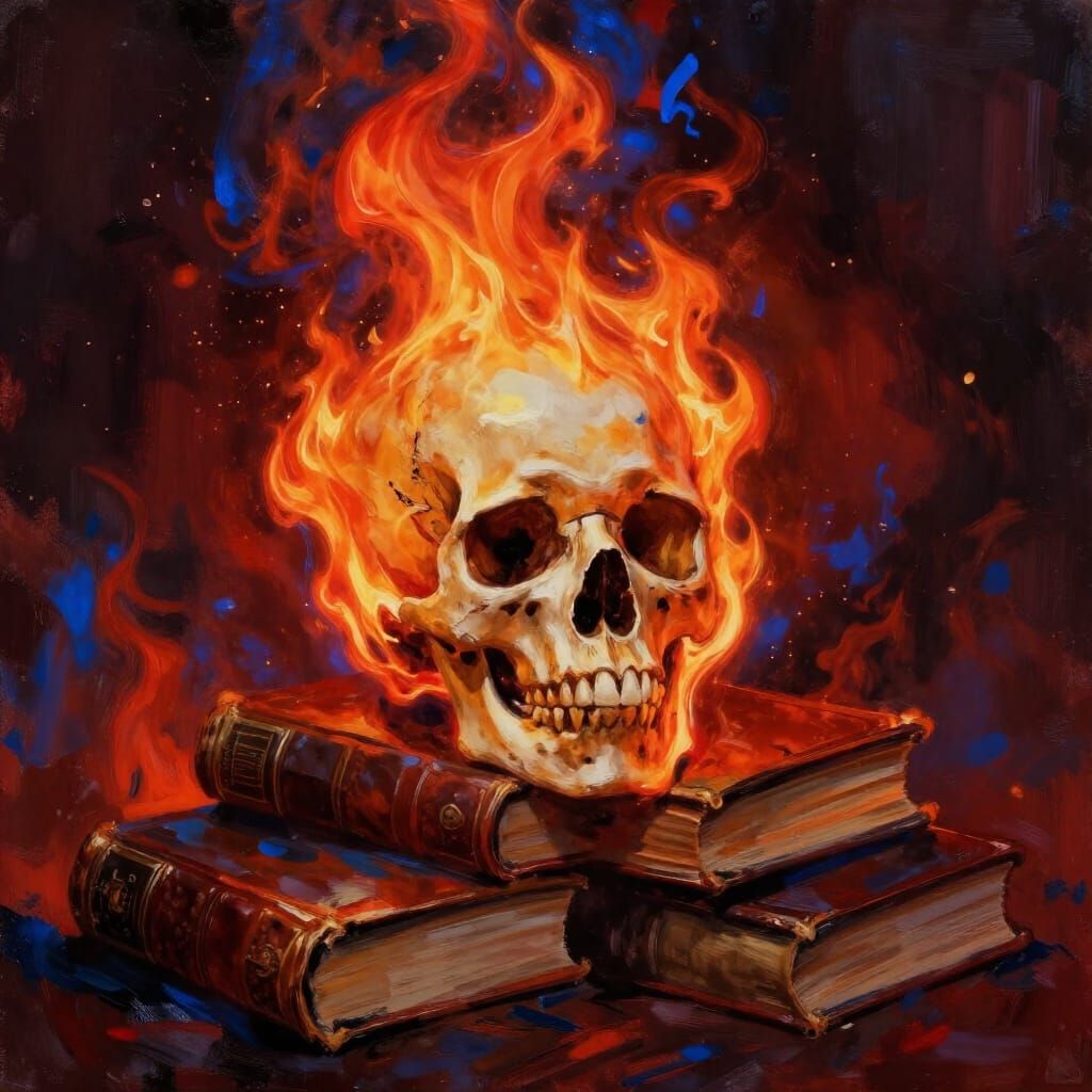 Skull in Flames on Books in Neo-Expressionist Style