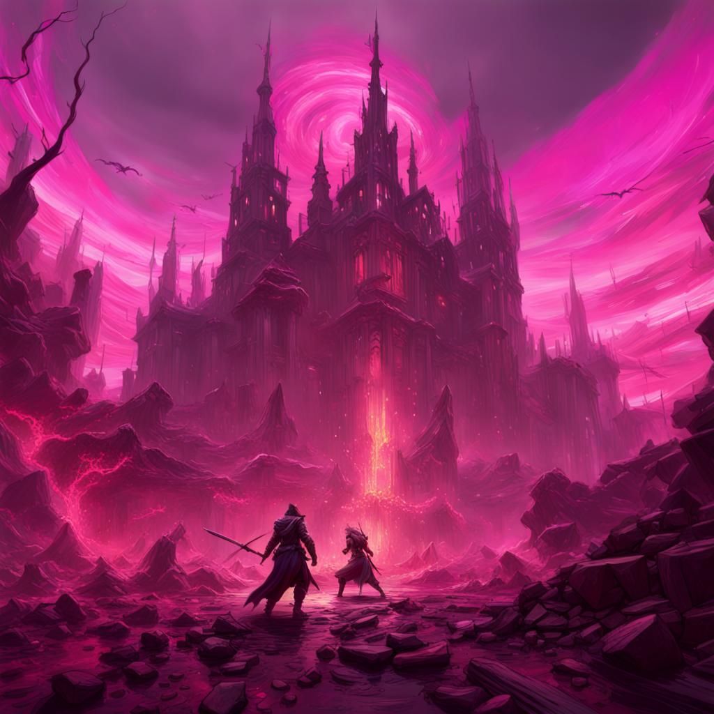 Pink Hellscape Battle, Dark Fantasy Concept Art
