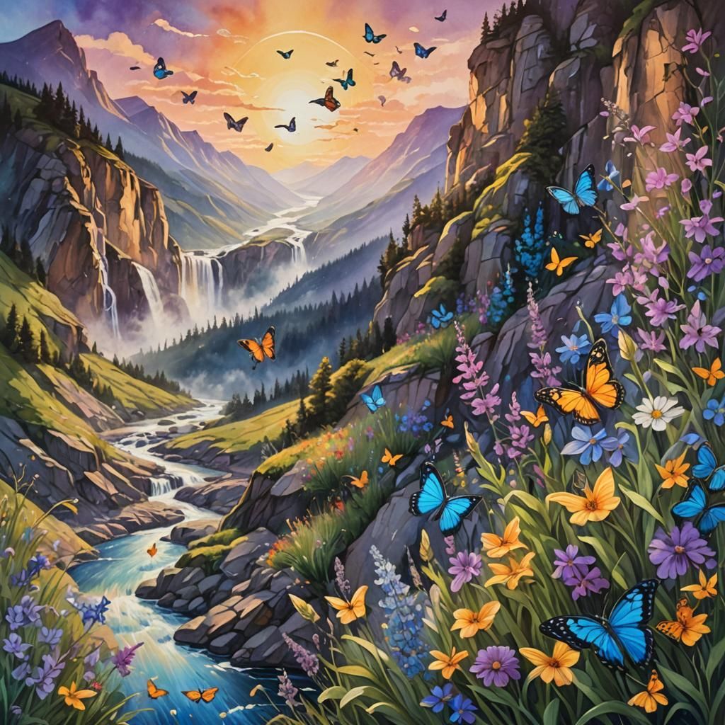 Lush Mountain Landscape at Sunset: Oil Painting