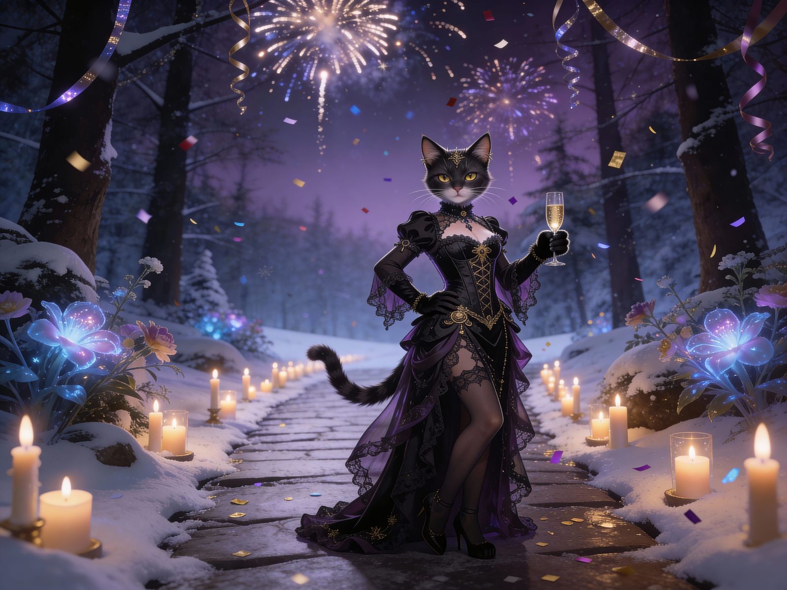 Gothic Cat Women Celebrate New Year's Eve in Enchanted Fores...