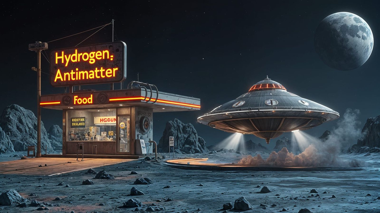 Asteroid Gas Station with Flying Saucer