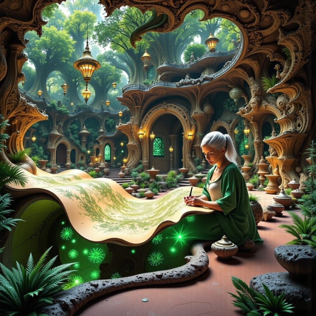 Serene Elven Loremaster in Hidden Forest Study