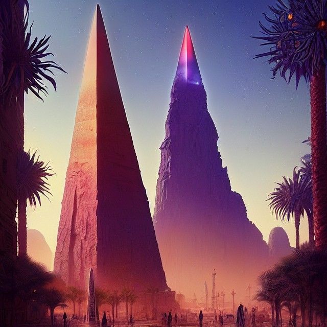 Sapphire Obelisk in Ancient City Oasis at Dawn