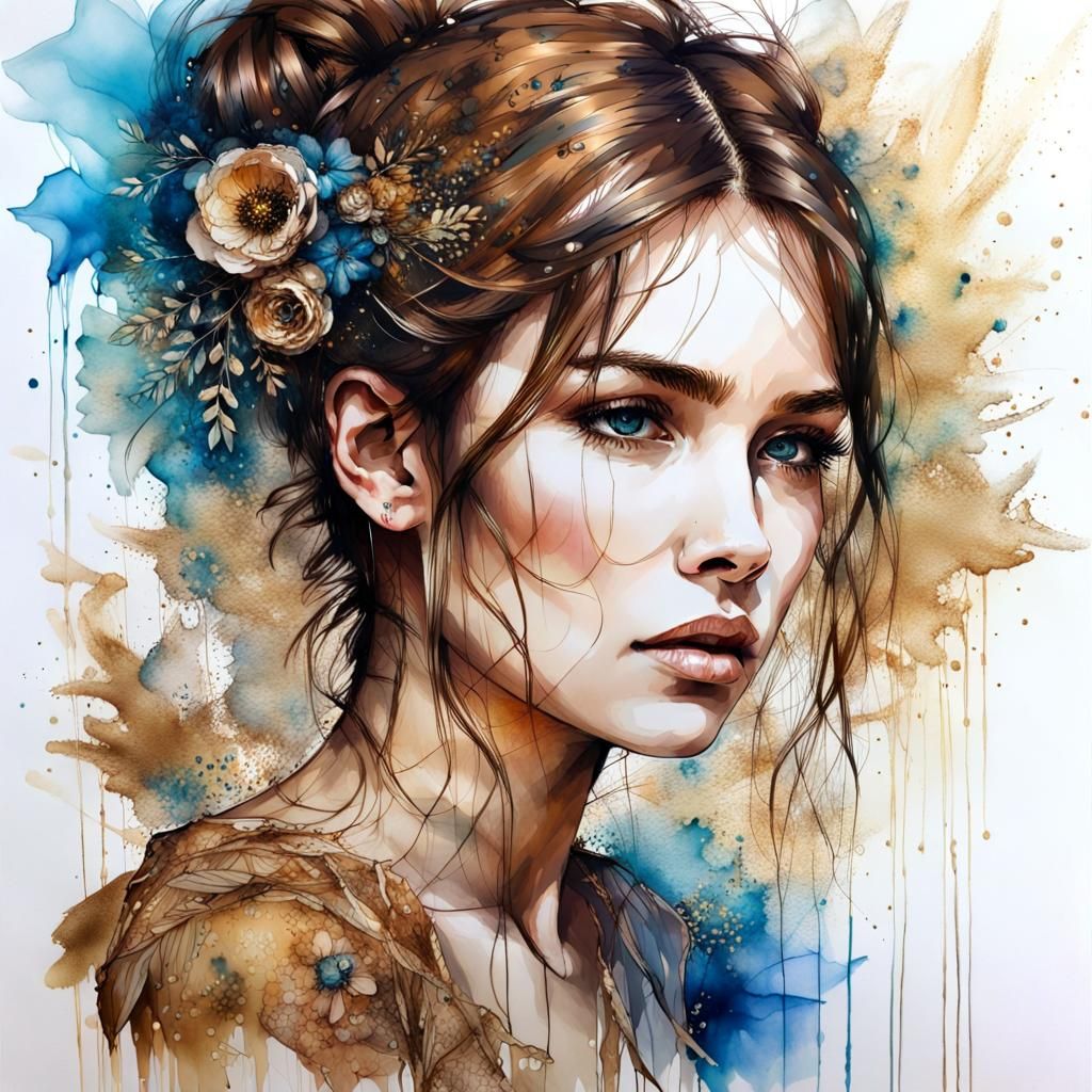 Beautiful Brunette Portrait in Alcohol Ink Style