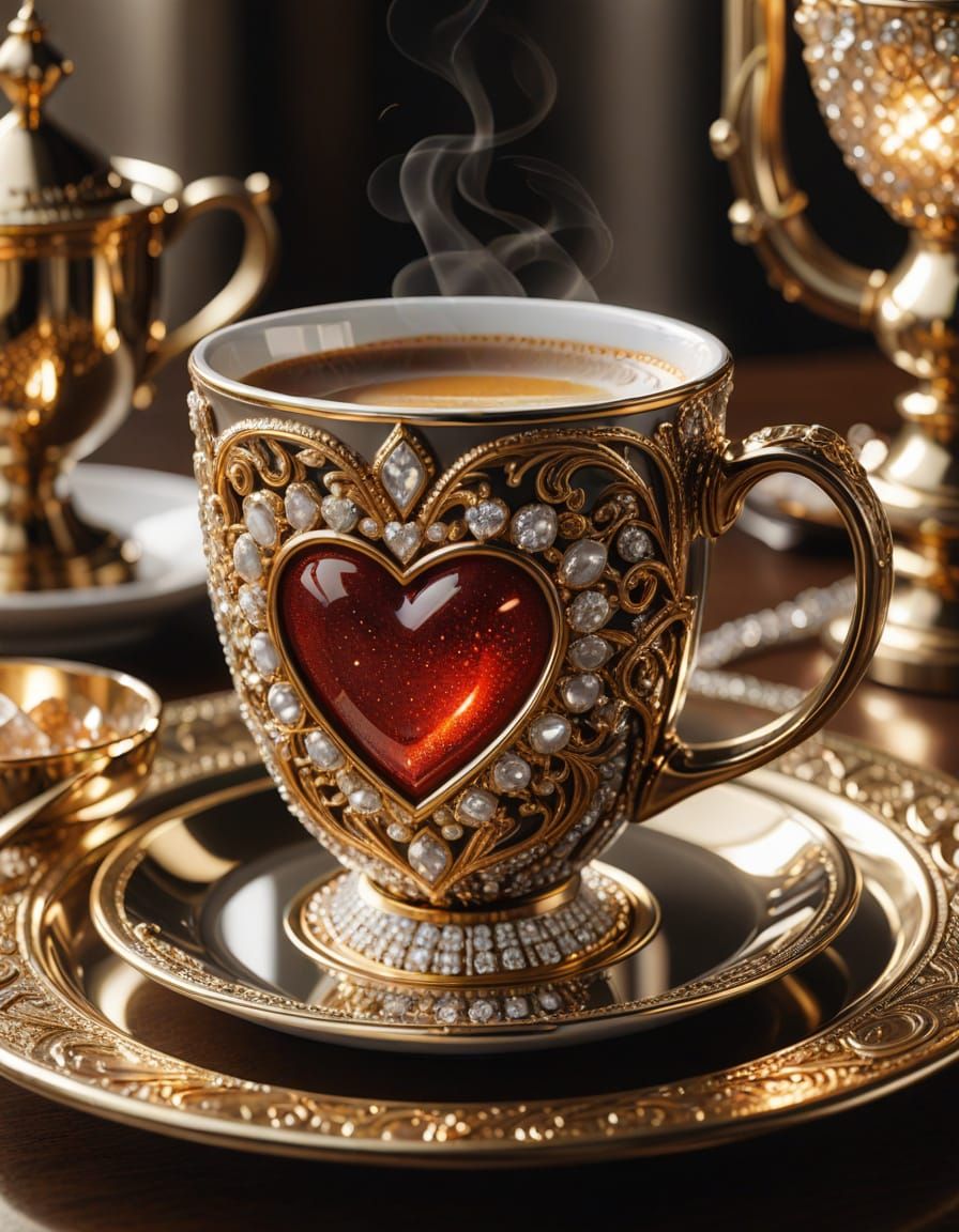 Coffee Mug with Metallic Opal Heart: Vivid Digital Art