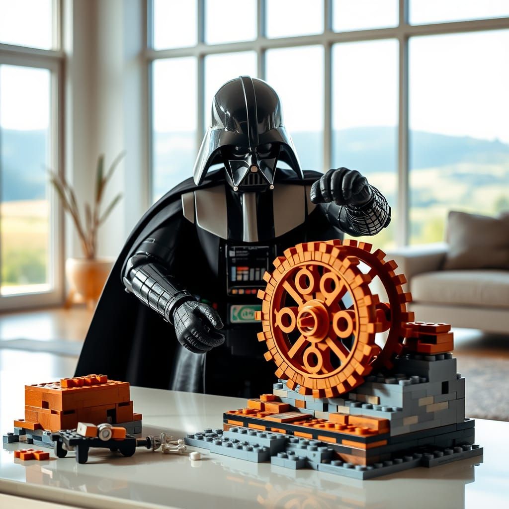 Darth Vader Crafts Intricate LEGO Waterwheel in Modern Livin...