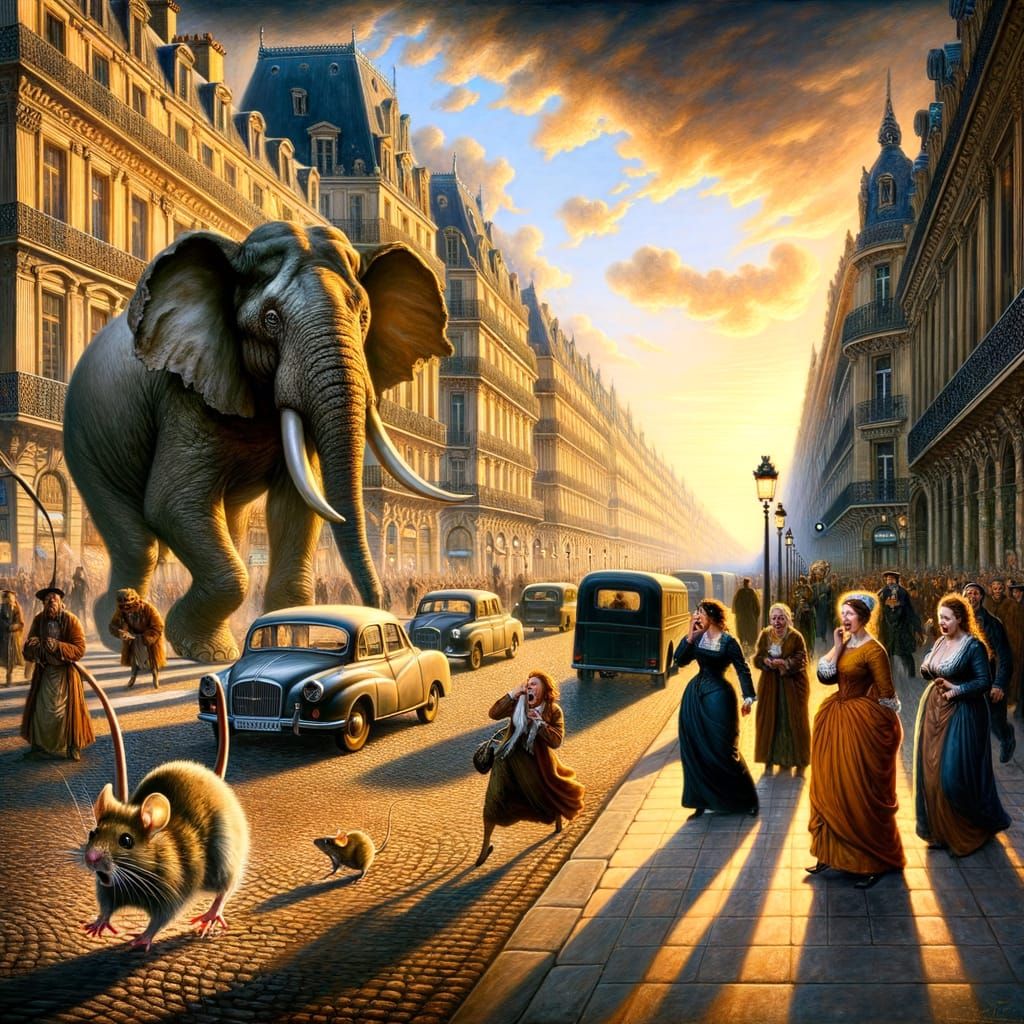 Elephant's Panic on Champs Elysees: Renaissance Painting