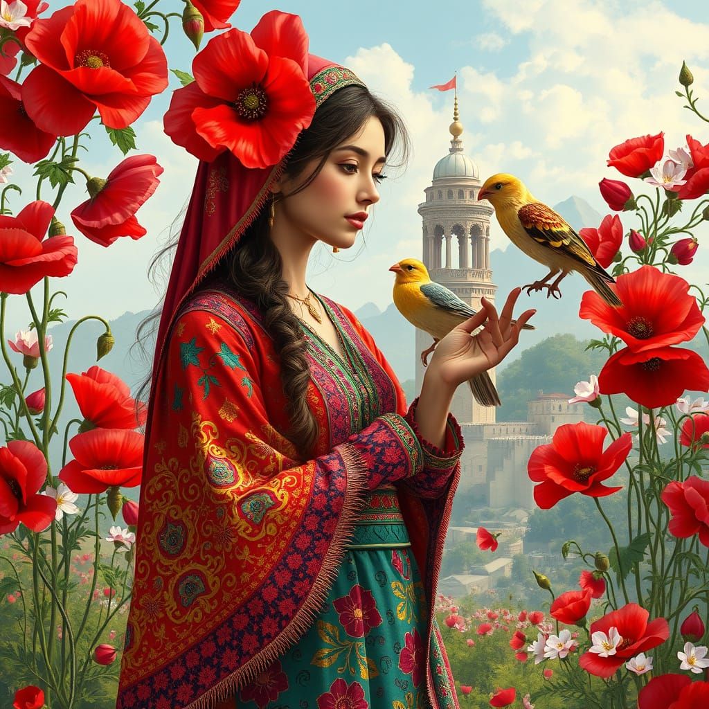 Afghan Woman with Simurgh, Exotic Mystical Realism