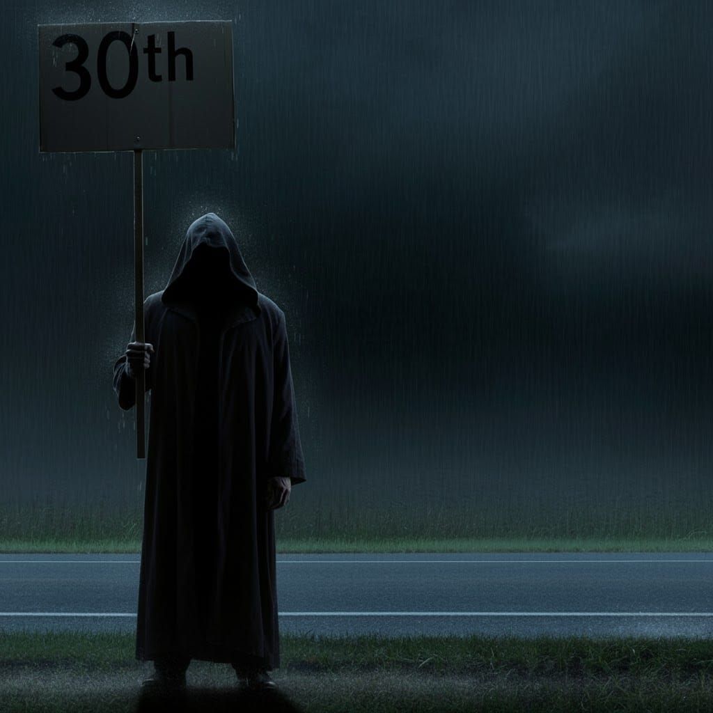 Shadowy Figure with Sign on Rainy Morning