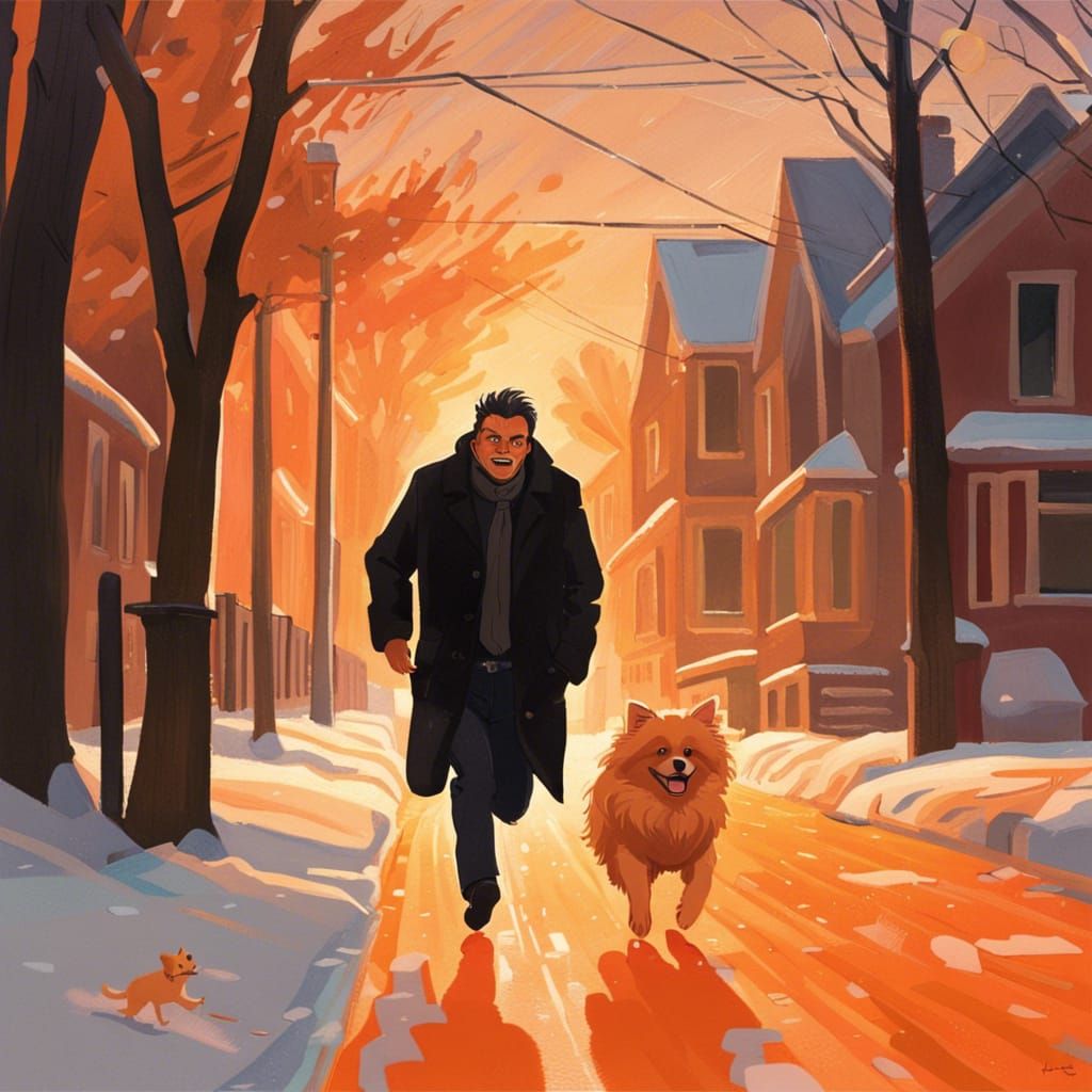 Man Chasing Pomeranian in Orange Light, Hyperrealistic Image