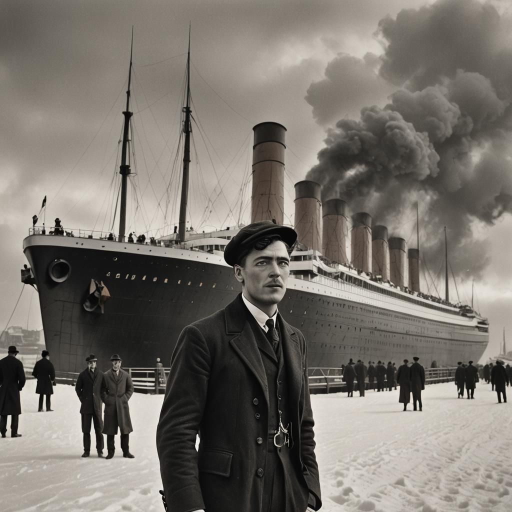 Men Posing in Front of the Titanic in Black and White