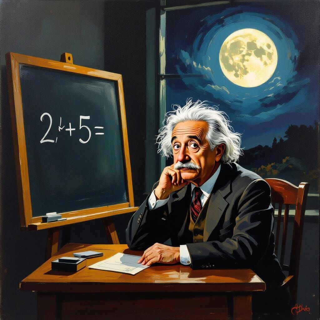 Einstein Ponders Math in Surrealist Moonlit Scene