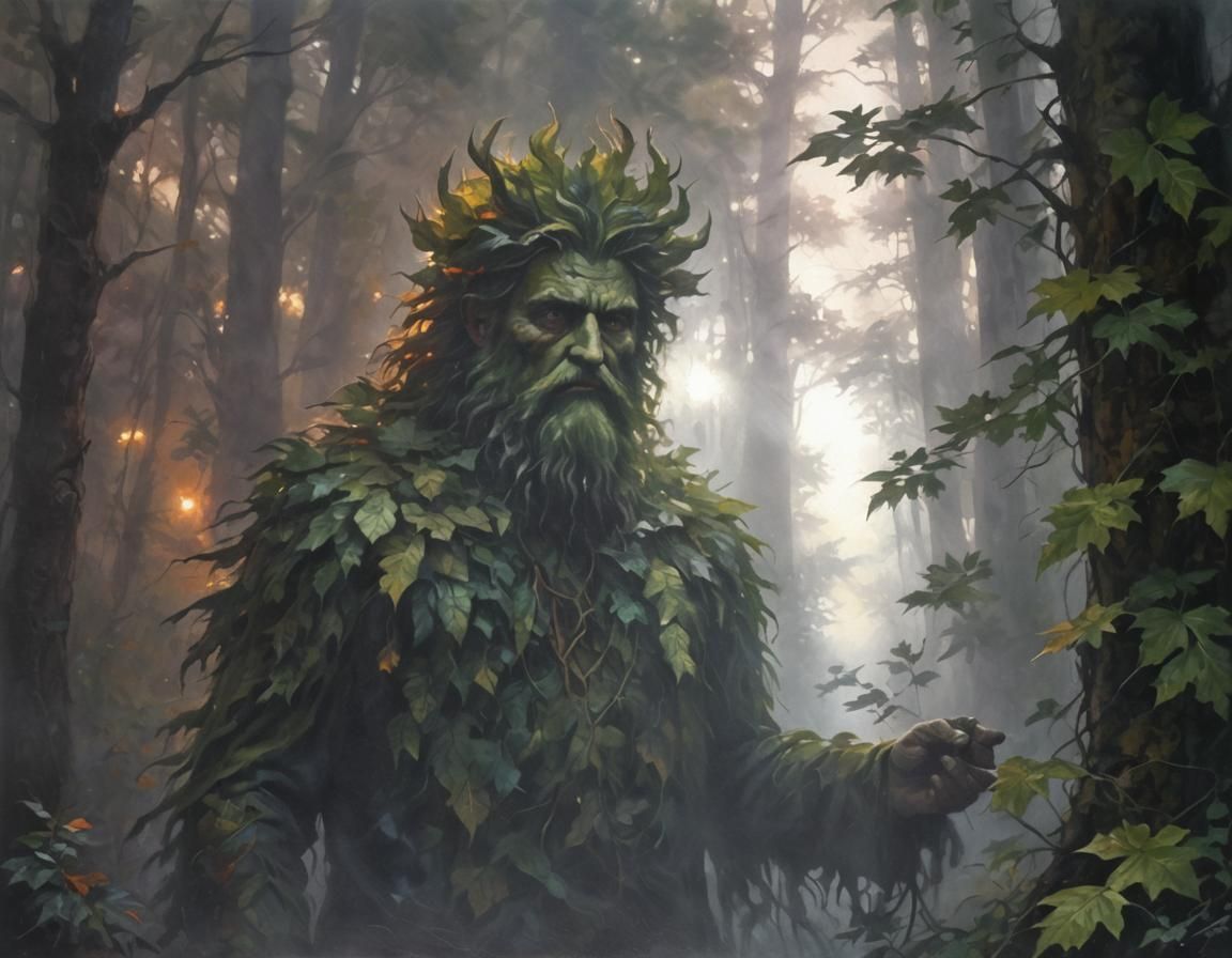 Green Man in Misty Forest: Oil Painting