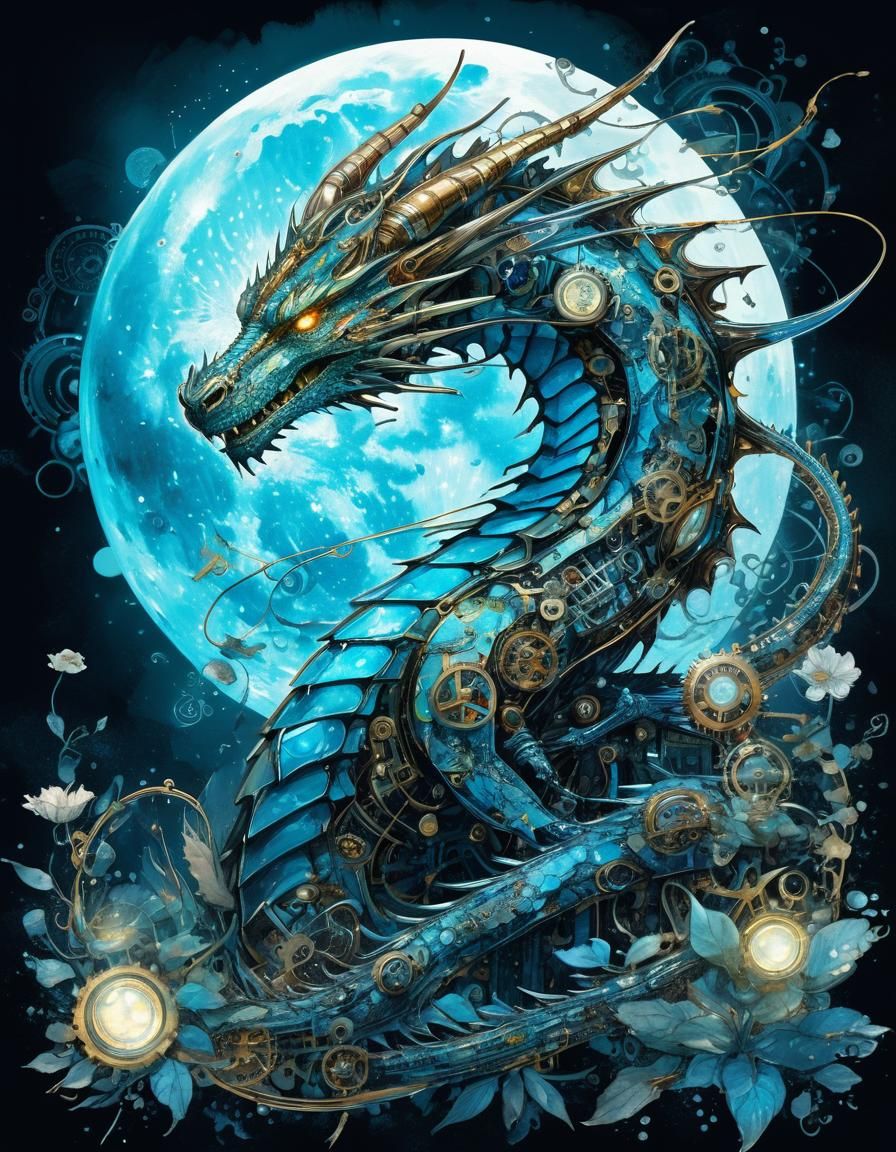 Biopunk Dragon with Bioluminescent Patterns in Watercolor