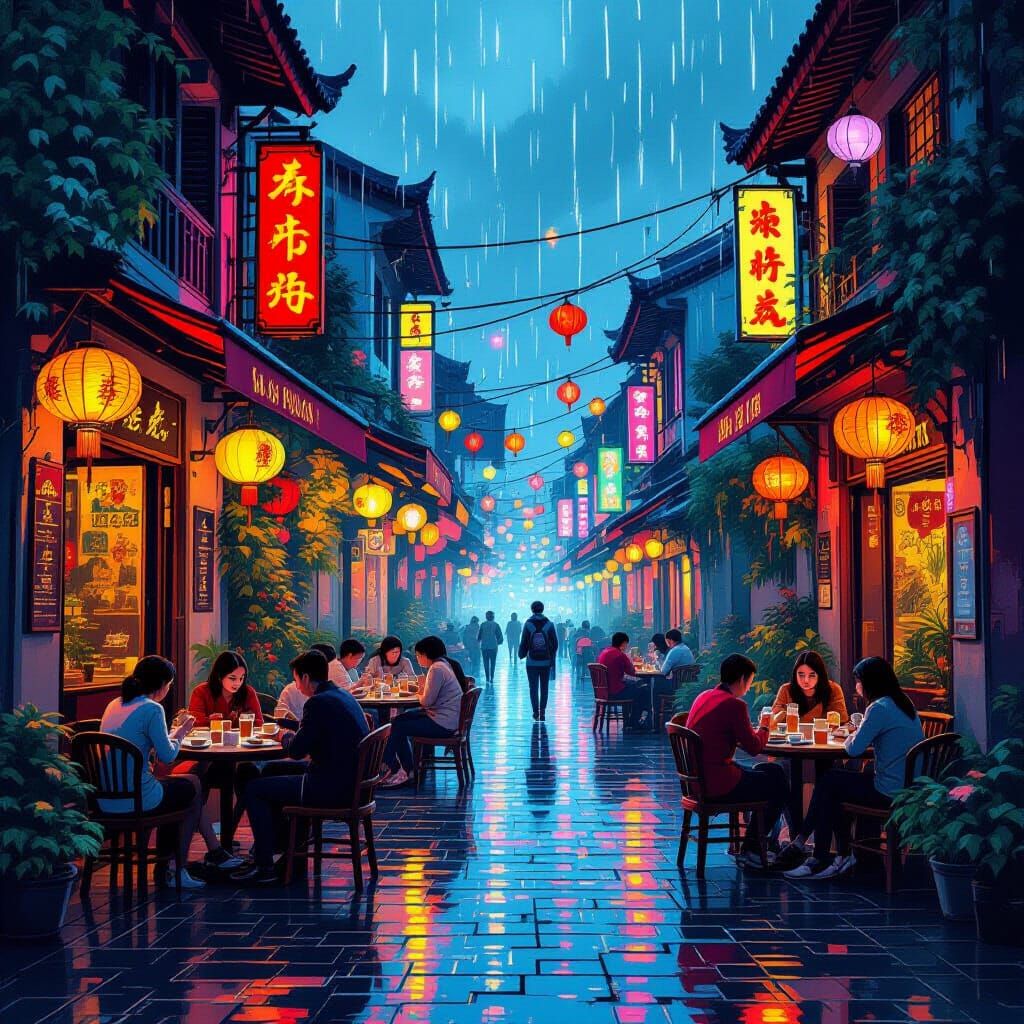 Hanoi Street at Night in Cyberpunk Style