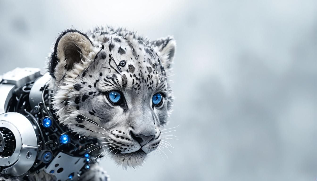 Snow Leopard Cyborg in Futuristic Cityscape