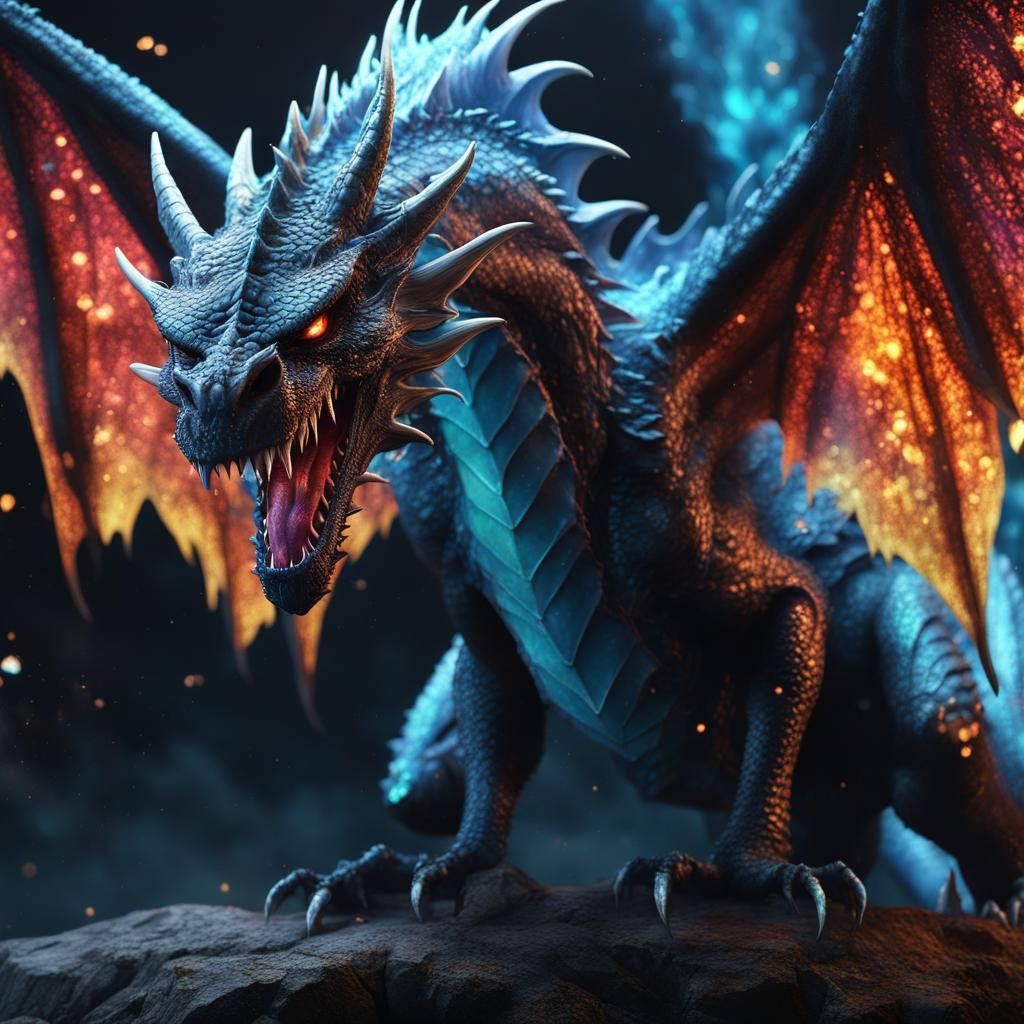 Detailed Snarling Dragon with Bioluminescent Stars