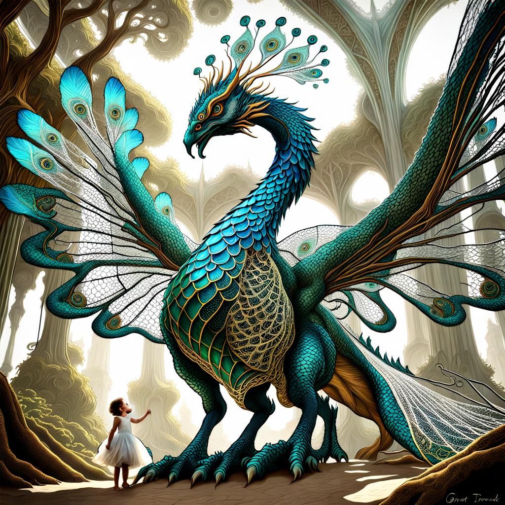 Pixie Child Riding Dragon-Peacock in Fractal Landscape